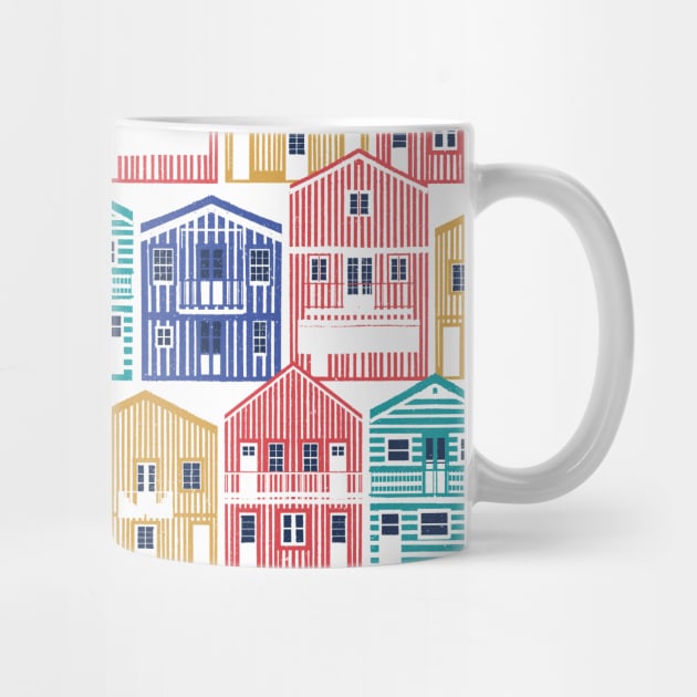 Colourful Portuguese houses // white background yellow red blue and teal Costa Nova inspired houses by SelmaCardoso